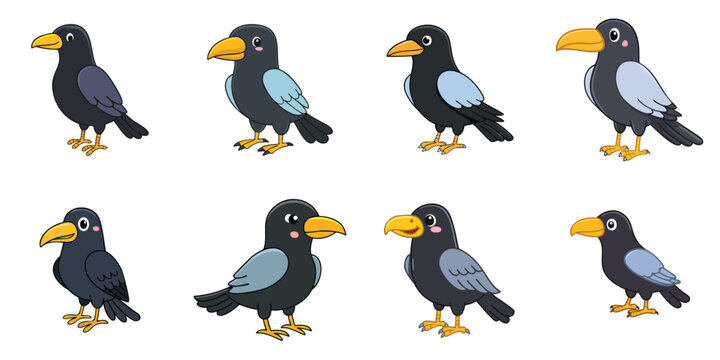 Multiple vector illustrations of cute crows
