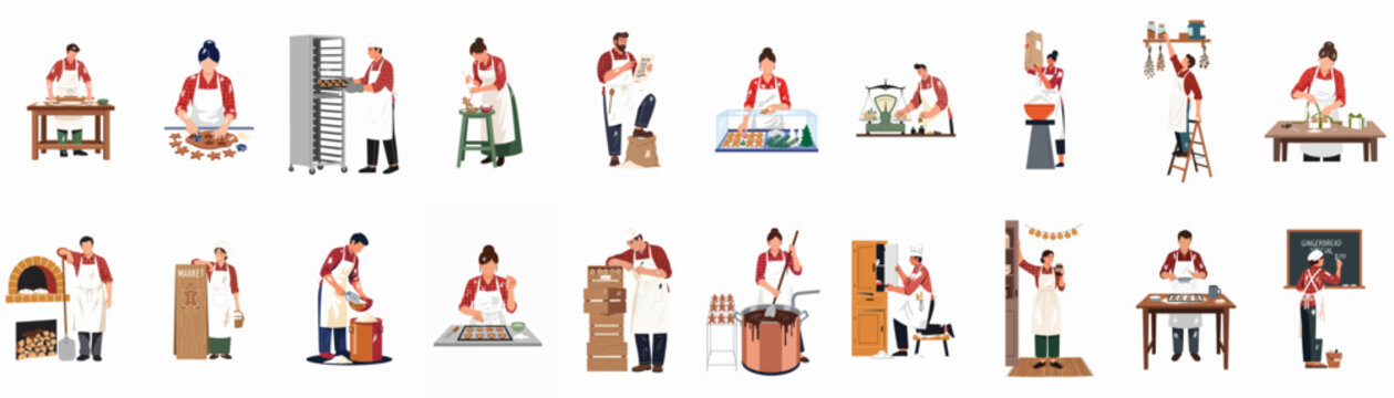 Collection of diverse bakery characters engaged in various stages of gingerbread cookie production, from mixing dough to selling and packaging finished treats.
