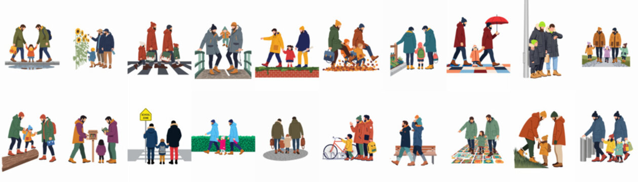 A diverse collection of illustrations featuring gay fathers with their children enjoying various outdoor activities, walks, and daily routines across different seasons.