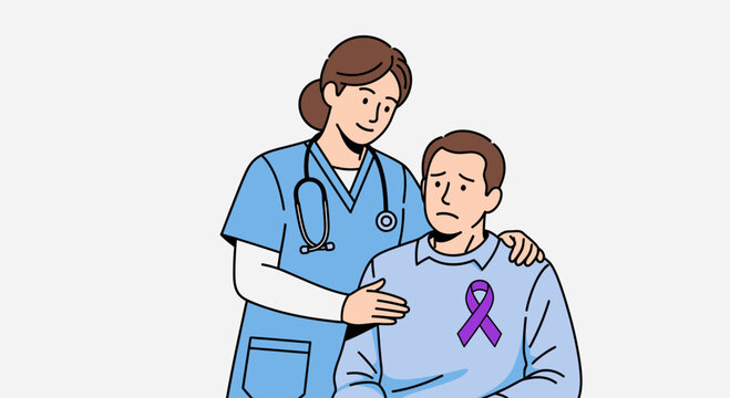 Caring Nurse Supporting Patient with Purple Cancer Awareness Ribbon