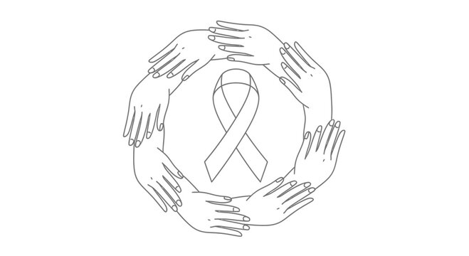 Circle of Caring Hands Surrounding Awareness Ribbon Line Art