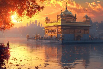 Obraz premium Temple courtyard view with carved arches and golden reflections image