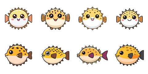Naklejka premium Multiple vector illustrations of cute pufferfish