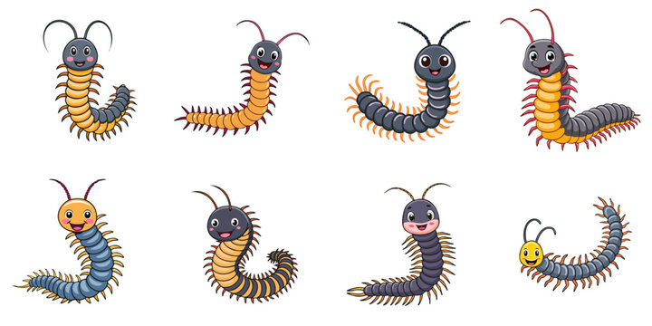 Multiple vector illustrations of cute centipedes