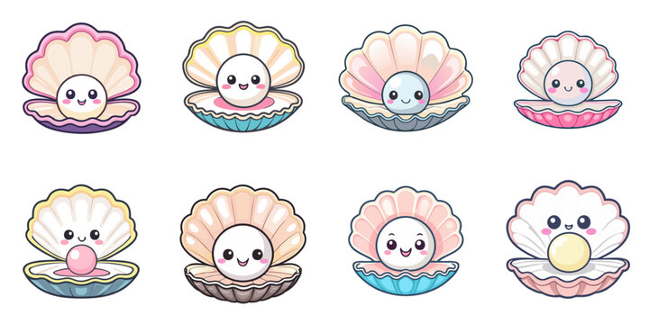 Multiple vector illustrations of cute pearl oysters