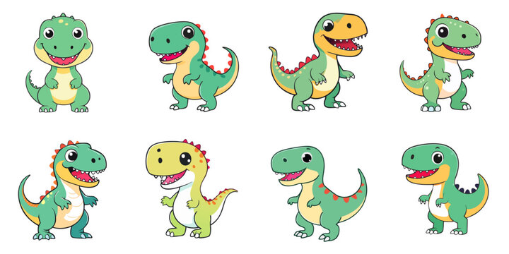 Multiple vector illustrations of cute Tyrannosaurus Rex