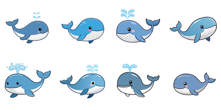 Multiple vector illustrations of cute whales