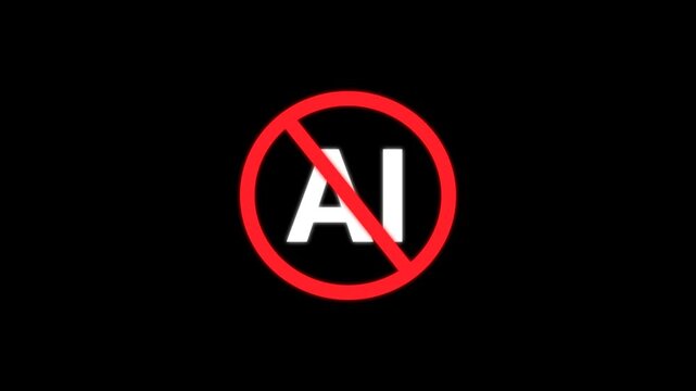 Animated no AI symbol with prohibition sign representing artificial intelligence restriction, ban, policy, ethics, and technology limitation on transparent background.