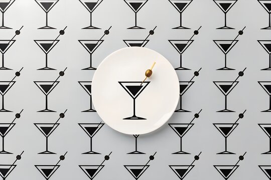 Single green olive resting on a white ceramic plate positioned perfectly over a repeating black and white martini glass pattern design creating a sophisticated and modern minimalist culinary visual di