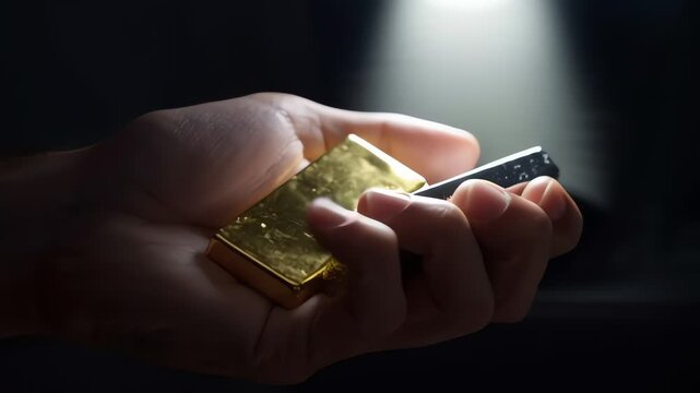 Gold and Silver Bullion Bars Held in Hand Under Spotlight