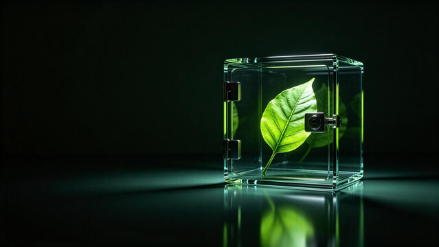Glowing green leaf locked inside a transparent glass safe box on dark background, ESG carbon credit and green investment concept.