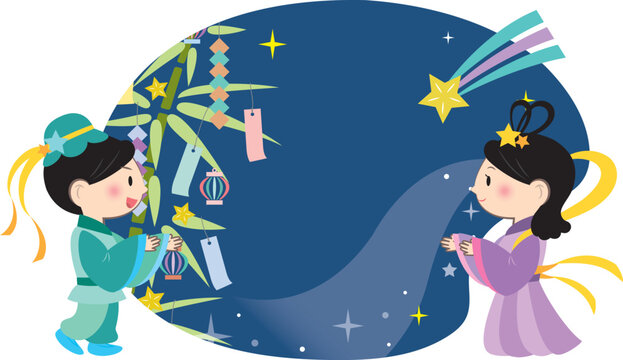 押し絵、タペストリ－、フレ－ム「花火を楽しむ彦星と織姫」 押し絵、タペストリ－、フレ－ム、七夕 「織姫と彦星」 - メルカリ