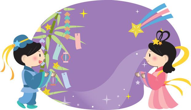 押し絵、タペストリ－、フレ－ム「花火を楽しむ彦星と織姫」 七夕 飾り 細タペストリー 笹の葉 短冊 天の川 花火 笹 織姫 彦星