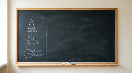 Fototapeta premium Educational Blackboard with Geometric Shapes, Math Formulas, and Blank Copy Space for Learning Concepts