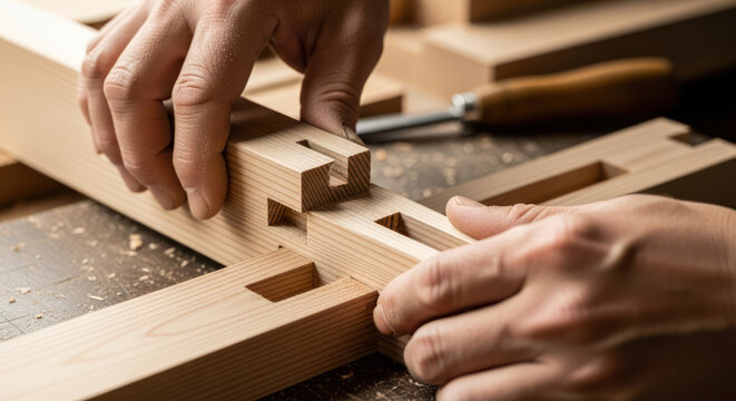 Carpentry Hands Assembling a Precision Wooden Joinery Detail in Workshop
