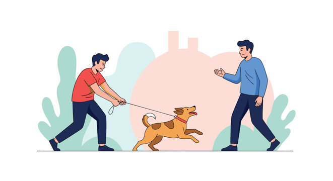Man walking a brown dog on a leash through a park while waving to a friend or neighbor in a friendly outdoor setting.
