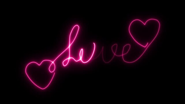 Pink neon love text with heart on black background glowing