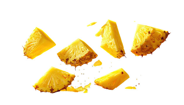 Sliced pineapple chunks scattered in air, isolated on black background
