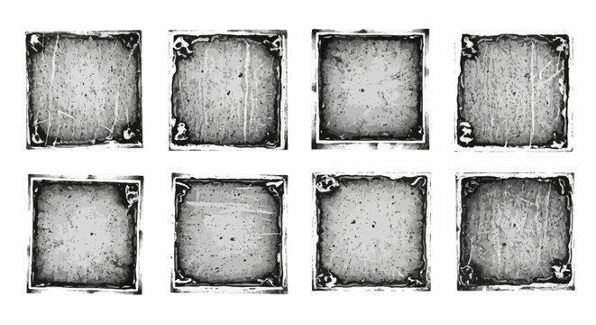 Collection of distressed rolled ink stamp texture handmade with brayer eroded letterpress finish vintage rough square shape artistic printmaking element for design background