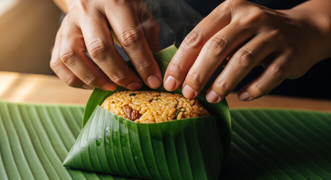Nasi Lemak Traditional Rice Wrapped in Fresh Banana Leaf by Hands