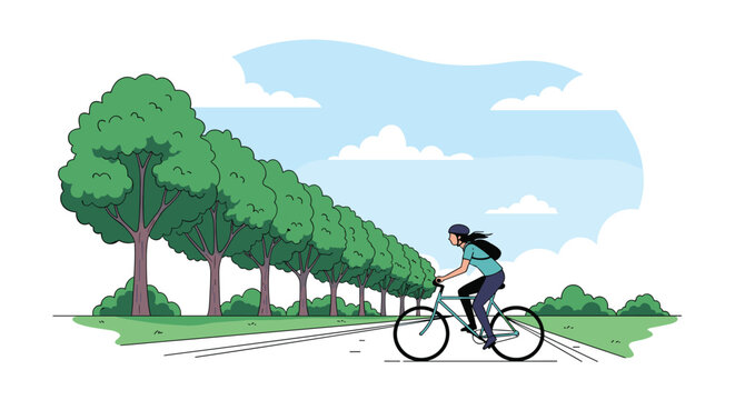Active person wearing a helmet riding a bicycle down a peaceful road lined with green trees under a bright blue sky with white clouds.