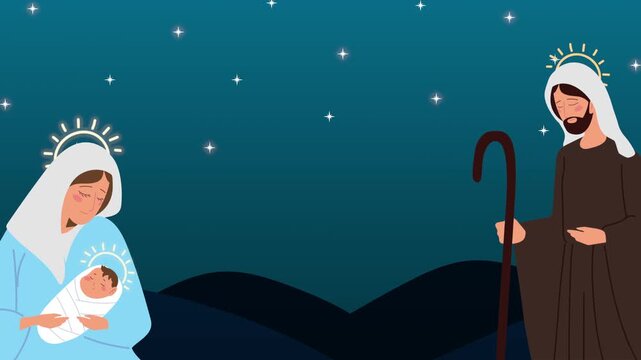Holy family with mary and joseph holding baby jesus in a starry night scene motion graphic.