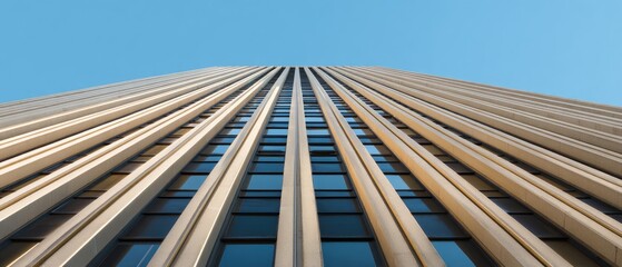 Obraz premium Looking up at a tall modern skyscraper's facade against a clear blue sky