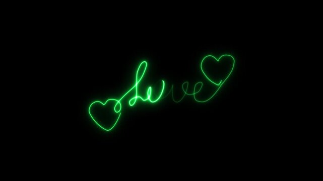 Green neon love text with heart on black background glowing