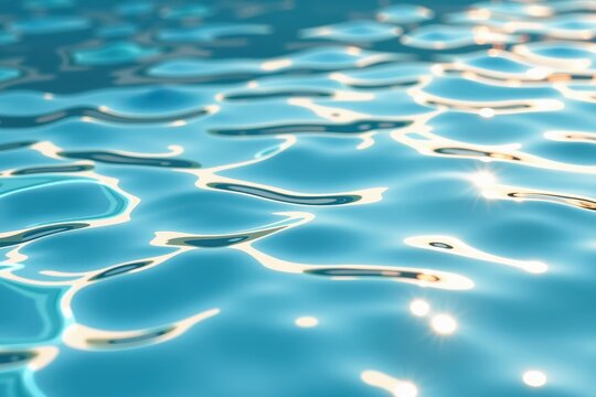 Calm blue water surface ripples gently with sunlight reflections, shimmering highlights creating tranquil patterns that emphasize the fluid textures and serene beauty of nature.