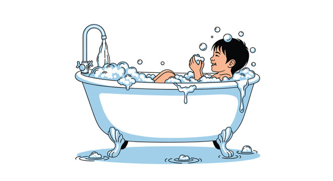 Small child enjoys a bubbly bath in a classic white clawfoot tub filled with soap suds and floating bubbles for hygiene.
