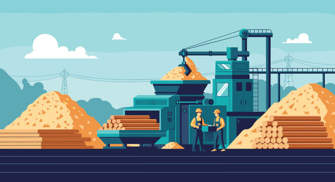 Industrial sawmill operation showing workers managing logs and wood piles with machinery in a forest landscape setting.