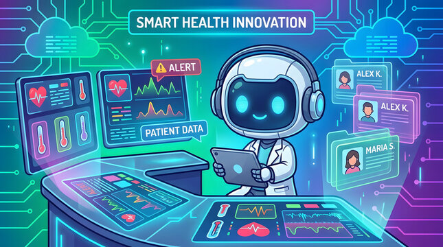 Cute chibi smart healthcare assistant reviewing medical records in a digital workspace.