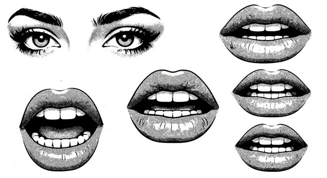 Vintage Aesthetic Photocopy Collage Elements Featuring Female Eyes and Lips with Gritty Punk Grunge Texture and Messy Distorted Xerographic Style for Trendy Urban Graphic Design Artistry
