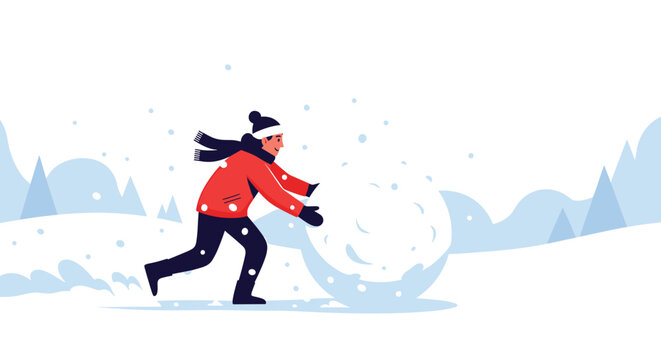 Cheerful person in a red jacket and scarf rolling a massive snowball to build a snowman in a snowy winter landscape.