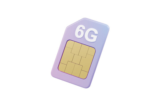 3d 6G SIM card icon. next generation mobile network concept. minimal cartoon purple SIM card with gold chip. isolated on white transparent background. 3d render.