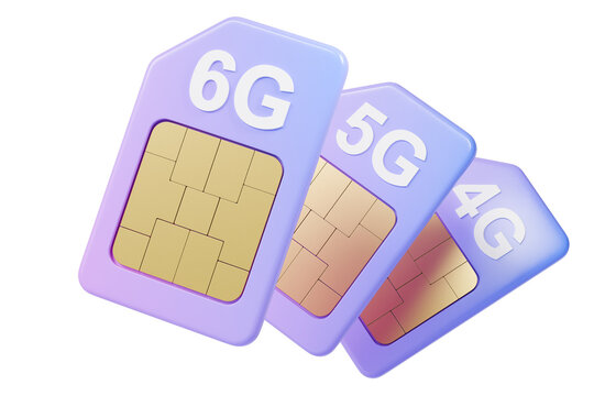 3d 6G 5G and 4G SIM card icon. mobile network generation upgrade concept. minimal cartoon smart cards with gold chips. isolated on white transparent background. 3d render.