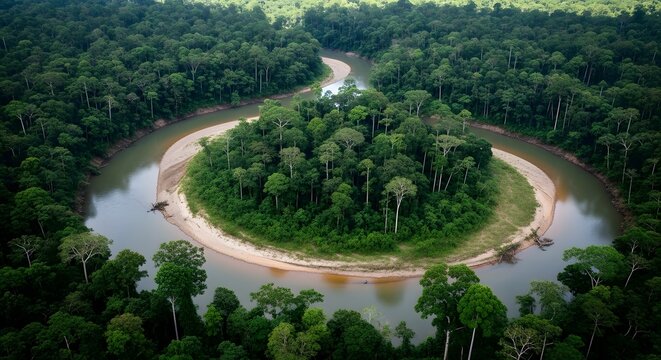 Aerial view of jungle river bend with dense forest canopy