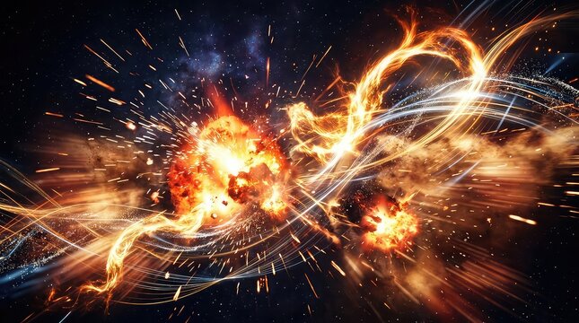 Vibrant orange and yellow explosion with dynamic light trails and sparks on dark background