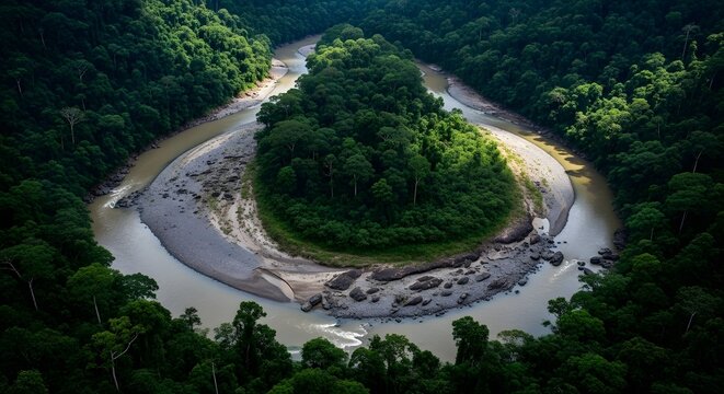 Aerial view of wide river meandering through dense tropical forest