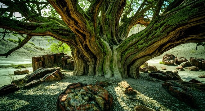 Ancient Rooted Tree Landscape Passage in Natural Sunlight