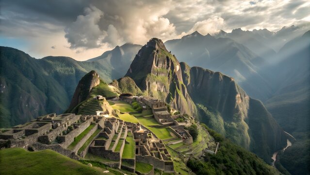 Aerial view of Machu Picchu ancient Incan citadel in Andean mountains at sunrise