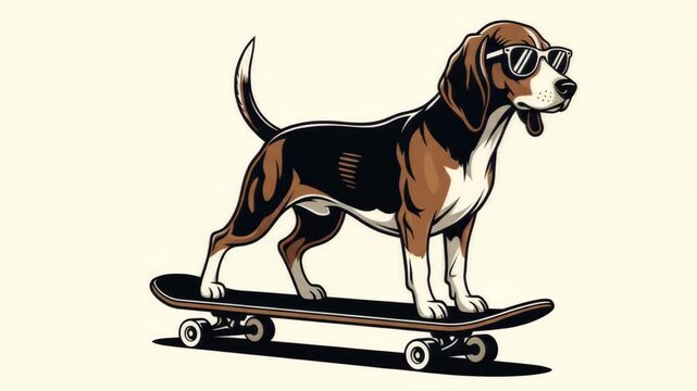 Cool Beagle Dog Riding a Skateboard Wearing Sunglasses.