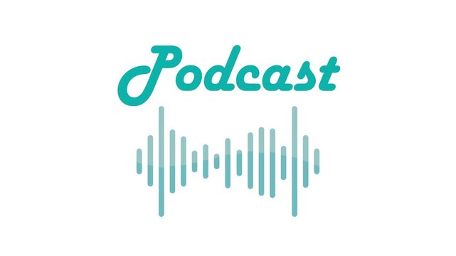 Minimalist podcast animation featuring blue word text and animated sound waves on clean white background.