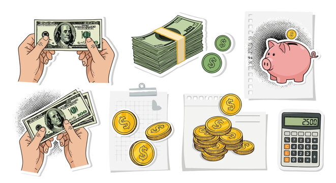 Creative money concept art collage featuring halftone style paper clippings of human hands holding hundred dollar bills and cash currency bank notes set against a vibrant abstract background