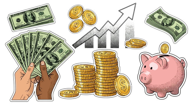 Abstract financial collage with trendy halftone artistic design featuring human hands holding golden dollar bills and paper cut out elements representing wealth and economic success.