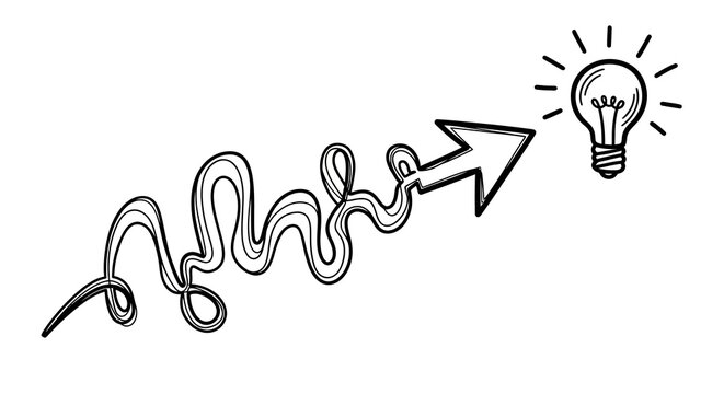 Hand-drawn messy scribble arrow path leading to final direct point representing complicated problem solution and strategic decision process in black ink line on white background.