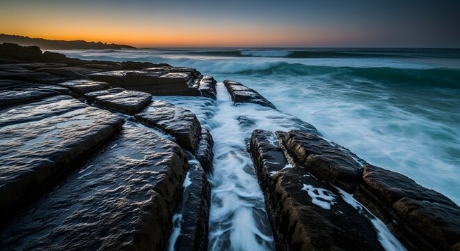 Coastal Sea Stacks and Surf Waves at Sunset Tranquil Tide