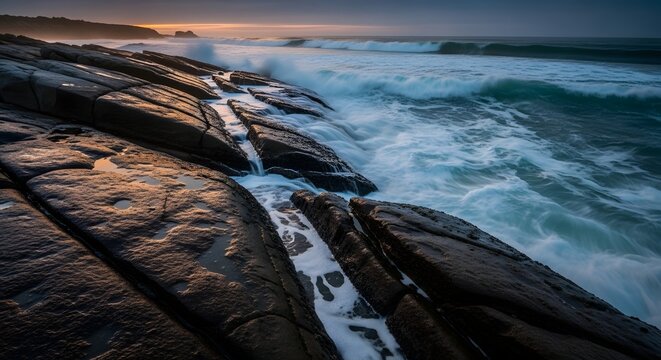 Coastal tide pool with powerful wave motion at sunset