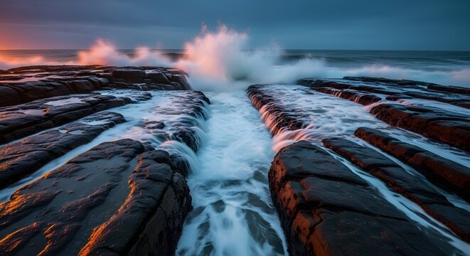 Coastal tide rushing through dark, striped rock formations at dawn