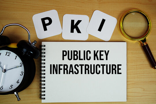 PKI Public Key Infrastructure text written on notepad with magnifying glass and alarm clock on wooden background